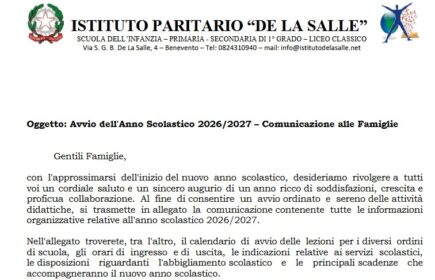 Avvio dell'Anno Scolastico 2026-2027 – Comunicazione alle Famiglie