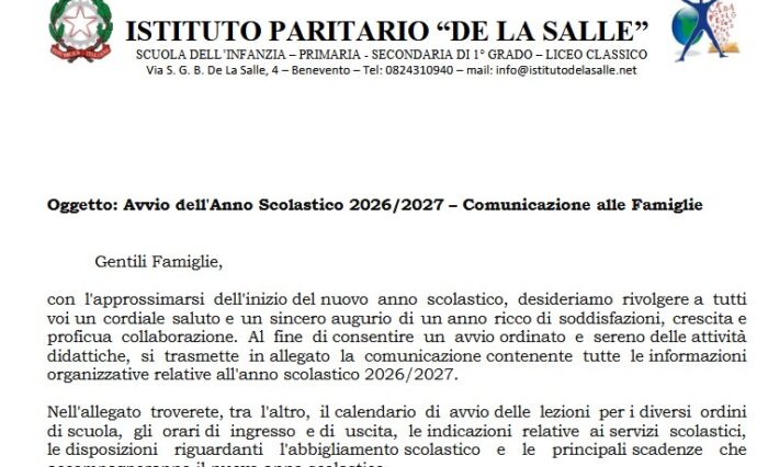 Avvio dell'Anno Scolastico 2026-2027 – Comunicazione alle Famiglie
